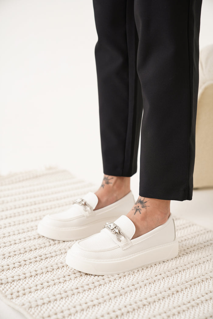 lunella taşlı loafer beyaz kadın ayakkabı