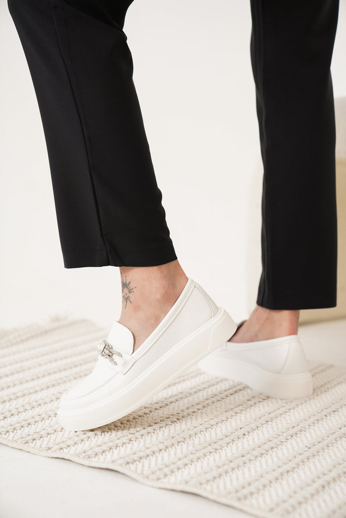 lunella taşlı loafer beyaz kadın ayakkabı