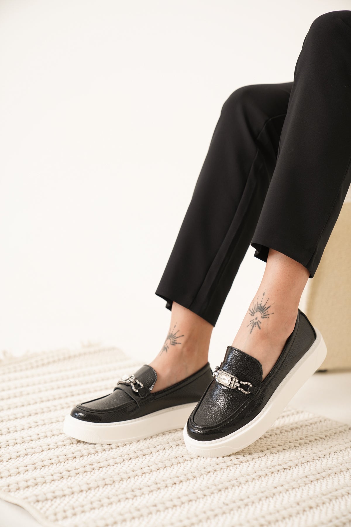 lunella taşlı loafer siyah kadın ayakkabı