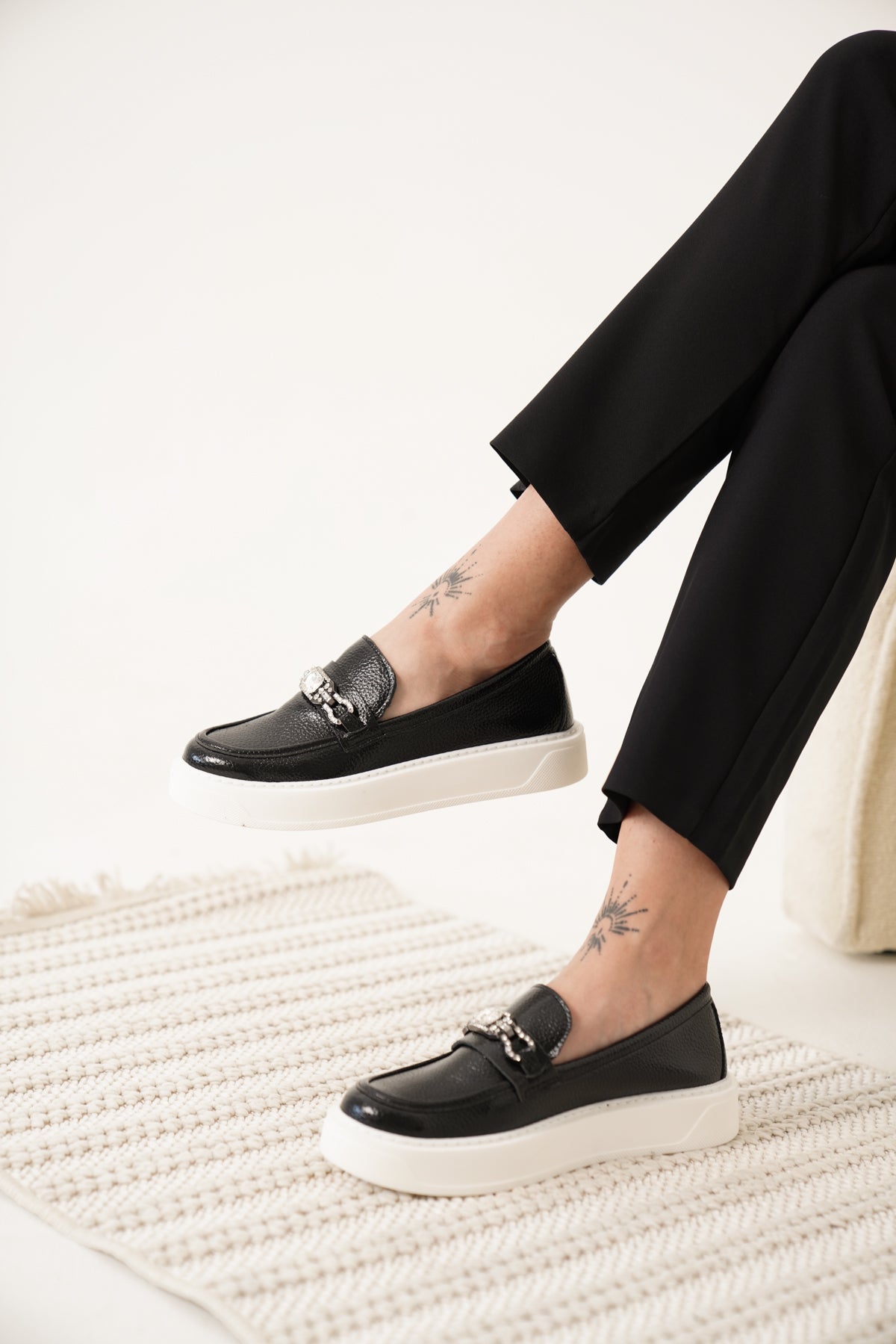 lunella taşlı loafer siyah kadın ayakkabı